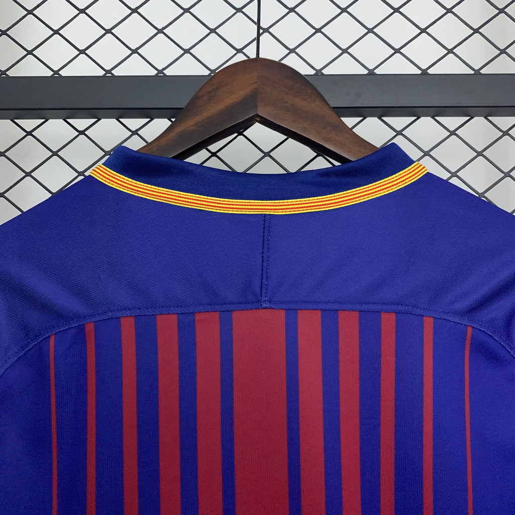 Camisa Barcelona I 17/18 Retrô Manga Longa Vermelha/Azul