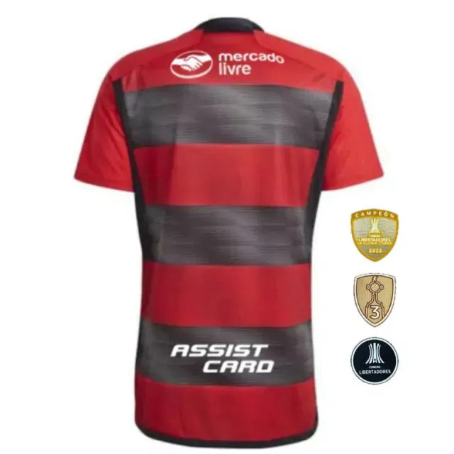 Camisa Flamengo I 23/24 Vermelha/Preta Com Patrocínio e Patches Masculina