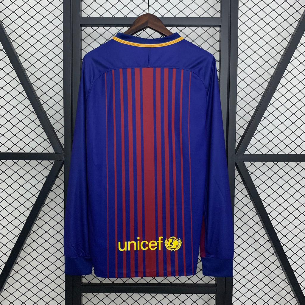 Camisa Barcelona I 17/18 Retrô Manga Longa Vermelha/Azul