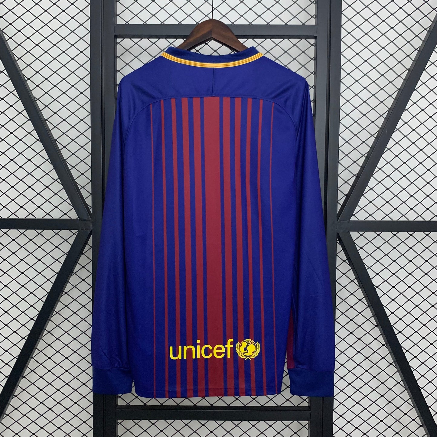 Camisa Barcelona I 17/18 Retrô Manga Longa Vermelha/Azul