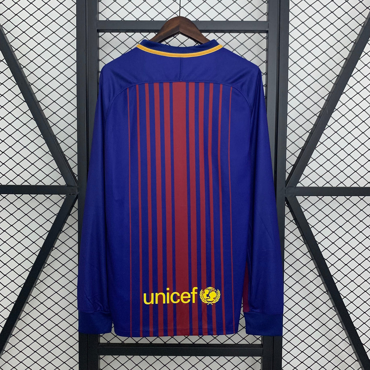 Camisa Barcelona I 17/18 Retrô Manga Longa Vermelha/Azul